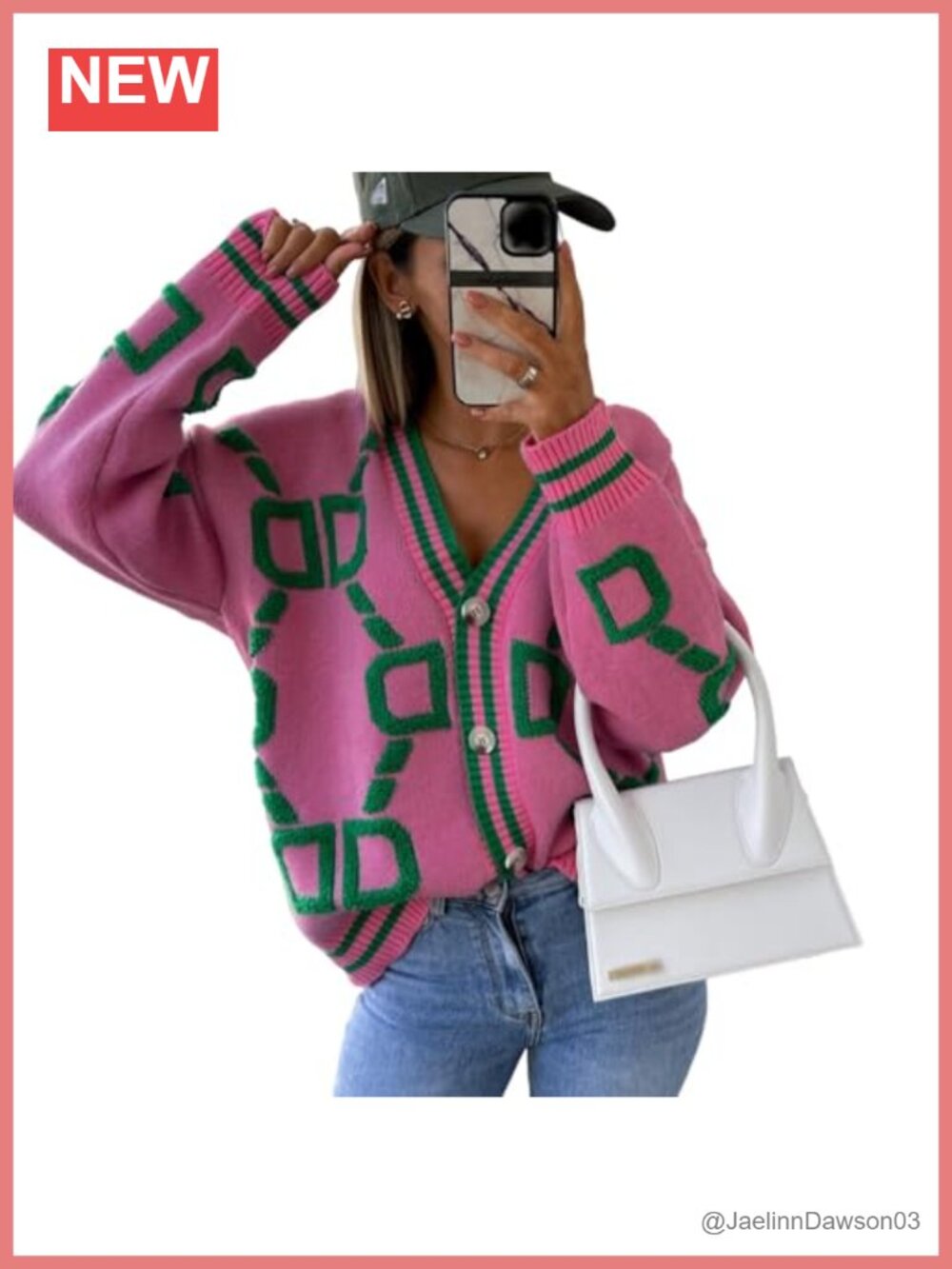 Women's Color Block Geometric Knit Cardigan Loose V-Neck Long Sleeve Sweater